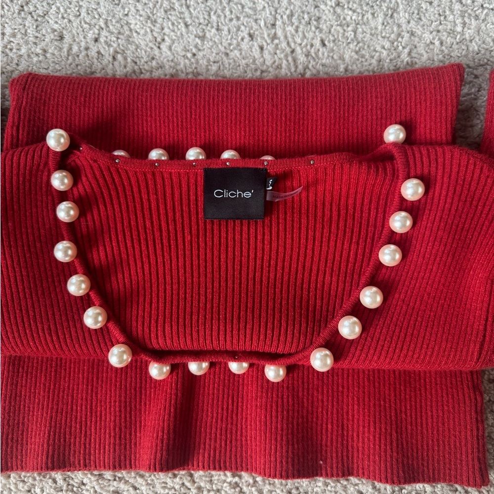 Cliche Red Ribbed Sweater with Pearl Accents